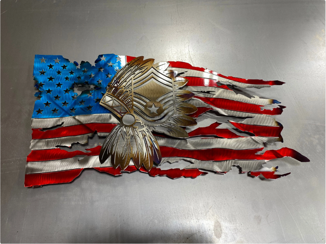 Chief Master Sergeant headdress and American Flag, military gifts, American flag, cmsgt promotional gift, metal flag, steel flag